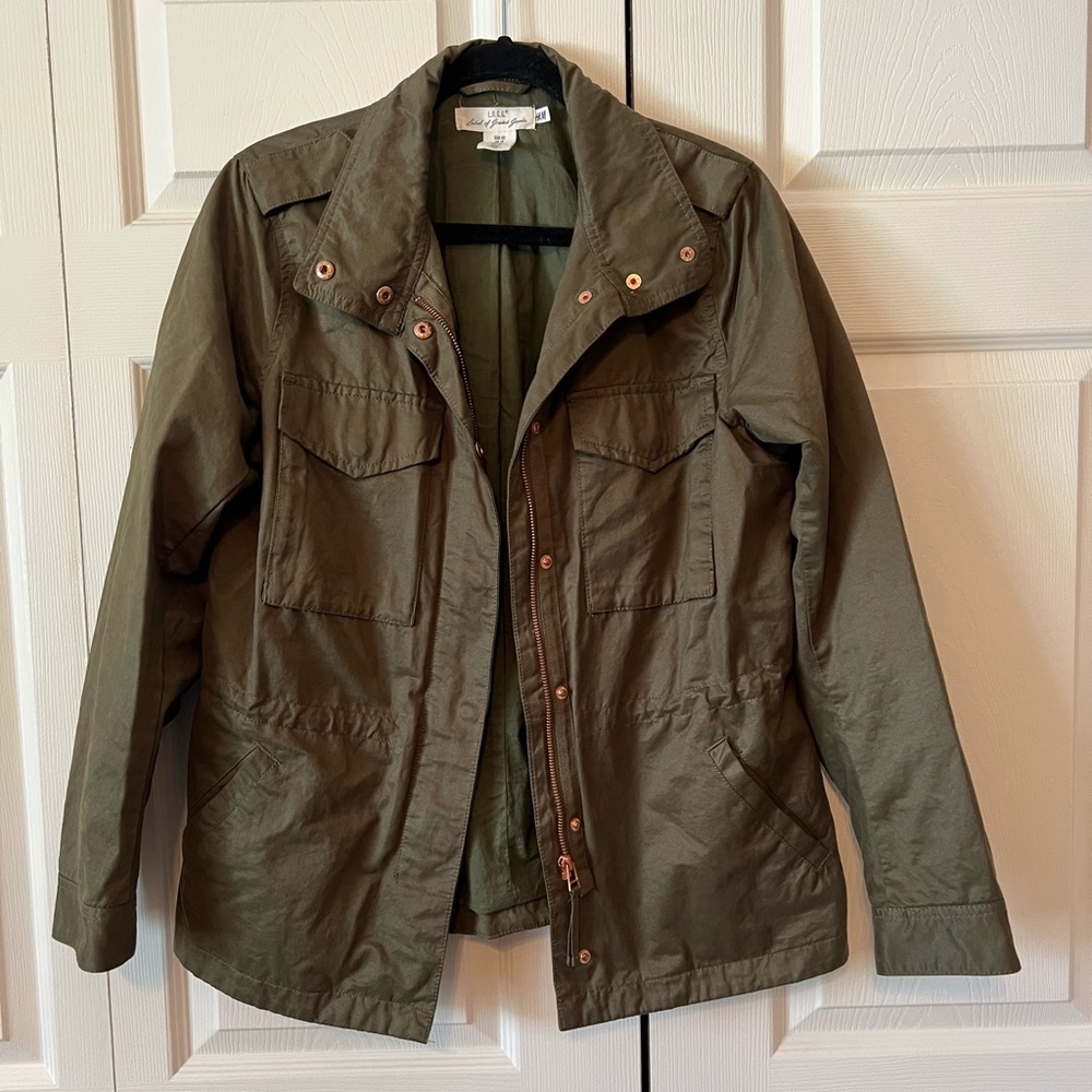 Olive green rose gold detail utility jacket